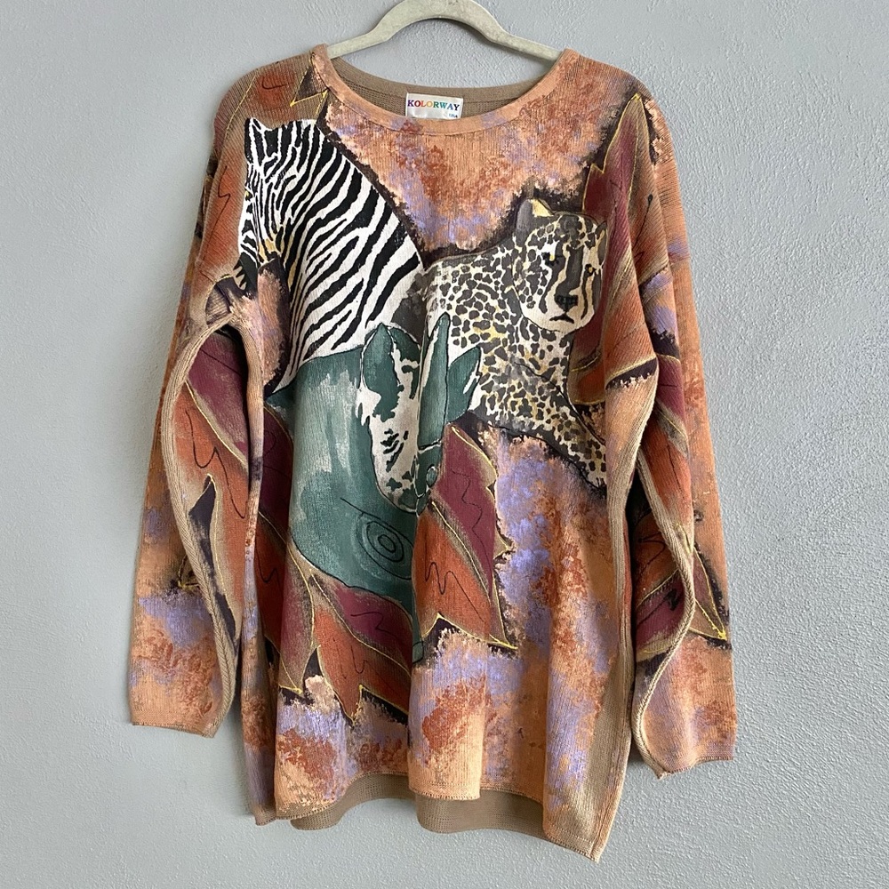 Vintage Kolorway Sweater Top Size 1X Custom Painted Multicolor Pullover Animals